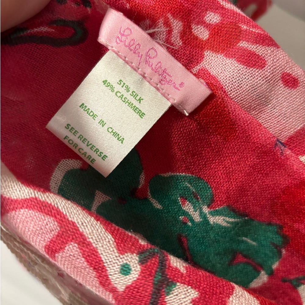 Lilly Pulitzer Pink Green Floral Cashmere Silk Large Fringe Scarf - Picture 6 of 6